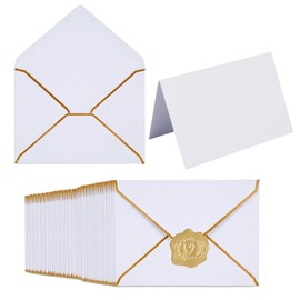 50 Pack A7 Envelopes with Folded Cards and Gold Stickers, 5x7 Gold Envelopes for Office, Wedding, Invitations, Graduation, Baby Shower (White, 5x7)