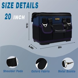 FASTECH 20in Heavy Duty Bottom Tool Bag With Wide Mouth For Tool Storage, Carrier and Organizer, Tote Bag For Men/Women, Wide Mouth Tools Bag With Inside Pockets (20 Inch)
