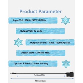 12V DC Power Supply 1A Universal AC Adapter, 100-240 50/60Hz Adapter to 12 Volt 1Amp Transformer, DC 12V Power Cord, 5.5mm x 2.5mm Plug