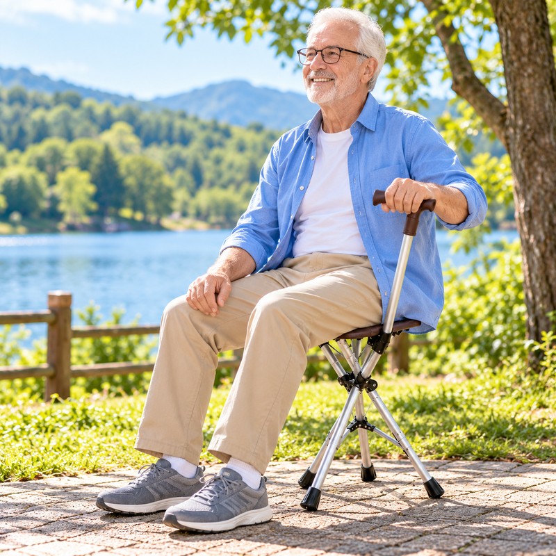 Folding Walking Cane with Seat for Outdoor Rest – Portable