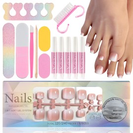 120 Stück Fussnägel Zum Kleben - Französisch Falsche Fußnägel Kit mit 16Pcs Maniküre‑Set, Full Cover Hautfarbene künstliche Zehennägel zum Aufdrücken und Aufkleben der Zehennägel (Nude Ombre)