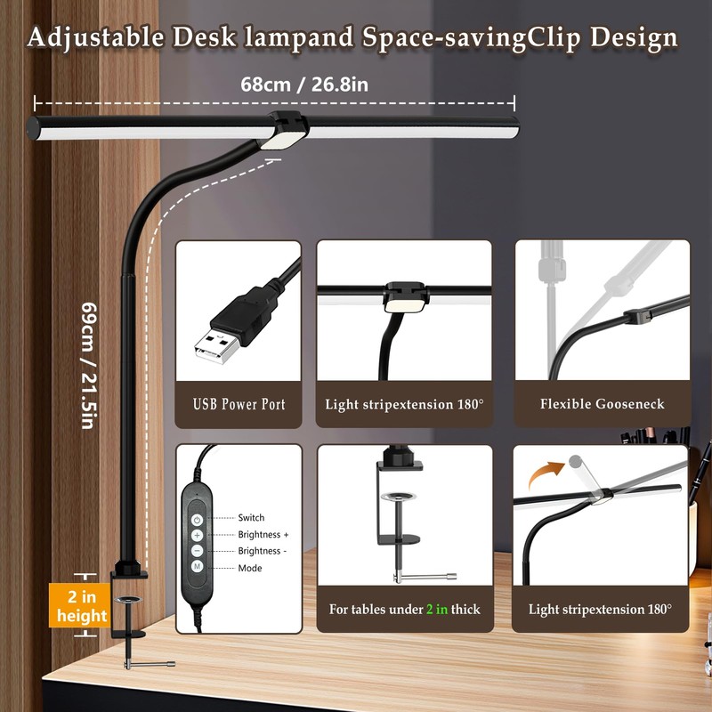 JKFIPKHI LED Desk Lamp for Home Office,Eye-Caring Desk Light with