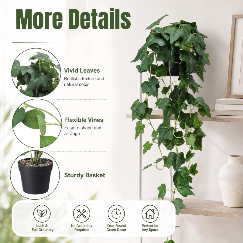 Juinte 3 Pcs Fake Hanging Plant with Pot Faux Pothos