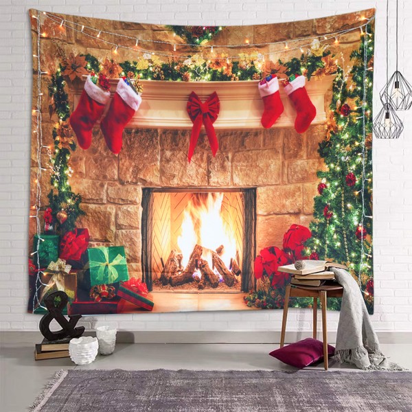 Sevendec Christmas Tapestry Wall Hanging Fireplace Xmas Tree Stockings Gifts Wall Tapestry for Party Livingroom Bedroom Dorm Home Decor W59" x L51"