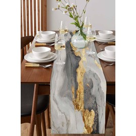 Grey Ombre Marble Table Runners 72 Inches Long, Golden Gray Marble Crack Table Runner Dresser Scarf, Abstract Art Kitchen Dining Tables Decoration for Holiday Party Wedding Home Decor, 13"x72"