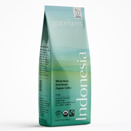Grace Farms, Organic Whole Bean Coffee, Single Origin Indonesia Dark Roast, 12oz Bag, 1 Count | Notes of Dark Chocolate & Cinnamon | Gives Back 100% of Profits