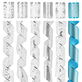 KINGLAKE Christmas Ribbon Wired 2.5 Inch Blue and Silver Sheer Glitter Organza Gift Wrap Ribbon 30 Yards Holiday Ribbon for Craft Christmas Tree Wreath Garland Decoration, 6 Rolls