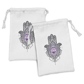 Ambesonne Hamsa Fabric Pouch Set of 2, Motifs from Cultures Exotic Orient Inspired Paisleys and Flowers Teardrop, Small Drawstring Bag for Toiletries Masks and Favors, 9" x 6", Purple White and Black