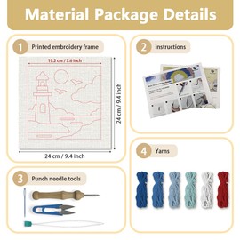 DOODLREAM Leuchtturm Stickset Zum Selbermachen Mit Punch Needle Für Erwachsene Und Anfänger 24cm Großes Seebau Stanz Und Nähset Für Anfänger Mit Rahmen Stoffmuster Einfädler Garn Quetschnadel