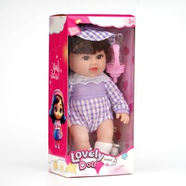 Oricageiry 12 Inch Baby Doll with Purple Plaid Outfit and Hat, Soft Cuddly Doll with Realistic Features, Perfect for Toddlers & Kids Imaginative Play, Ideal Birthday for Children