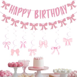 Ptenzor Coquette Pink Bow Birthday Banner - Glitter Garland for Women’s Birthday Party Decorations, Hanging Swirls Backdrop for Bridal Showers or Girls’ Celebrations
