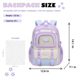TYHOTULY Cute Aesthetic Girls Backpack Elementary Middle School Student Book Bag for Kids Teens Large Kawaii Preppy Bookbag for Ages 6-8 8-10 10-12 (Purple)