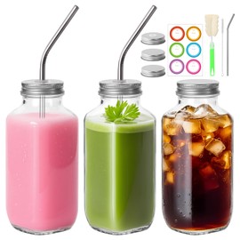 BIGIVACA 16 oz Glass Juice Bottles with Lids and Straws - 3 Pack Glass Bottles for Juicing - Reusable Drinking Jars Cups for Smoothies, Travel, Storage