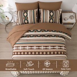 Dinjoy Brown Boho Comforter Set Queen Size,7 Pieces Bed in a Bag Queen Coffee Western Bedding Sets with Sheets Bohemian Geometric Striped Complete Set Aztec for All Seasons Summer 90"x90"