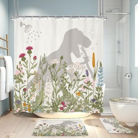 LGhtyro 4PCS Wildflower Dinosaur Kids 71Wx71H Inches Floral Rustic Botanical Shower Curtain Sets with Rugs, Toilet Lid Cover and Bath Mat, Cute Bath Accessories Art Home Decor Fabric 12 Pack Hooks