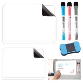 4 Pcs Magnetic Dry Erase Whiteboard Sheet A4 & A5, Magnetic Whiteboard for Fridge, Home, Office & School, Includes 3 Vibrant Coloured Markers (Red, Blue, Black) & 1 Eraser