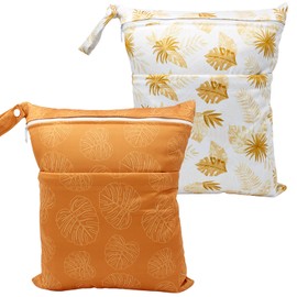 YULUONAPS Wet Dry Bag Waterproof Reusable Wet Bag for Swimsuit, Travel, Beach, Pool, Bathing, Diapers, Dirty Yoga Gym Clothes Toiletries Daycare Organizer with Two Zippered Pockets (yellow leaf)