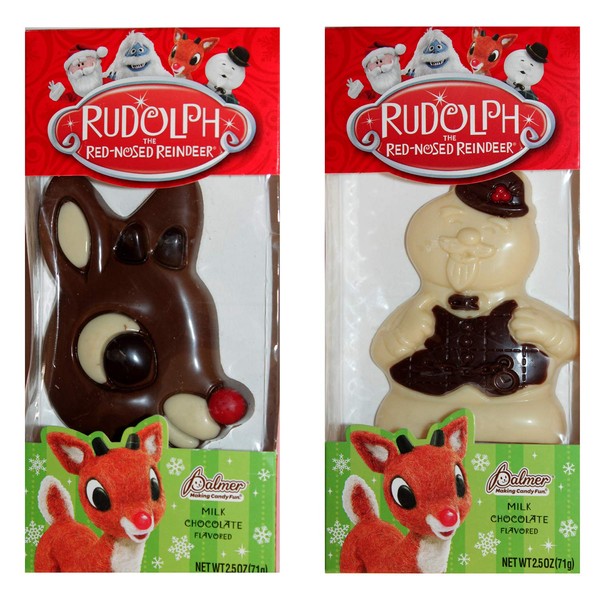 R.M. Palmer (2) Boxes Rudolph the Red Nosed Reindeer Character Shaped Milk Chocolate Flavored Holiday/Christmas Candy - Rudolph & Sam the Snowman - Net Wt. 2.5 oz each