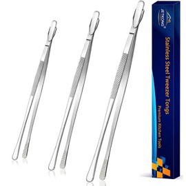 JETKONG 3 Pcs Extra Long Kitchen Tweezers Heavy Duty Stainless Steel Cooking Tweezers (9 12 14 Inch, Silver)
