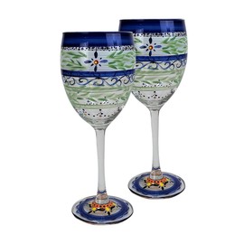 Golden Hill Studio Hand Painted Wine Glasses Set of 2 - Barcelona Blue Collection - Hand Painted Glassware by USA Artists - Unique and Decorative Wine Glasses, Kitchen Table Décor