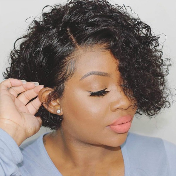 quickwig Human Hair Wigs Short Bob Curly Wig Lace Part Glueless Wigs Natural Wave African American Wigs for Black Women Natural Black Color