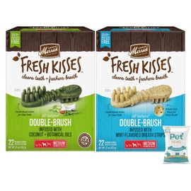 (2 Pack)Merrick Fresh Kisses Double-Brush Dental Dog Treats, Infused with Coconut & Botanical Oils and Mint Breath Strips, Cleans & Freshens Breath for X-Small Dogs, 78 Dental Dog Treats/Pack (Medium)