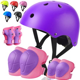 ArgoHome Kids Bike Helmet Toddler Sport Protective Gear Set Boy Girl Adjustable Child Cycling with Knee Pads Elbow Wrist Guards Youth Skateboard for 3+ Purple Pink, MD-710-S