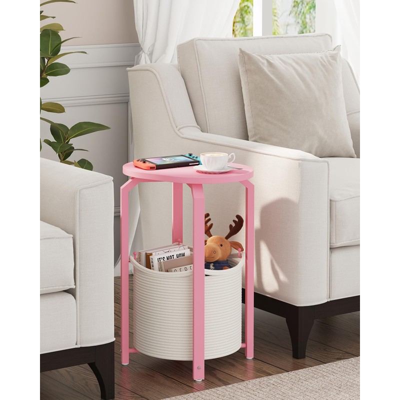 TUTOTAK Oval End Table with Woven Storage Basket, Pink Small