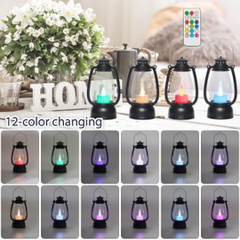LLQ Small Lanterns Decorative Indoor with Remote Color Changing, Vintage Candles Lanterns with Timer, Black Hanging Lanterns Decorative for Table Centerpieces, Western Party Camping Decor, 4-Pack