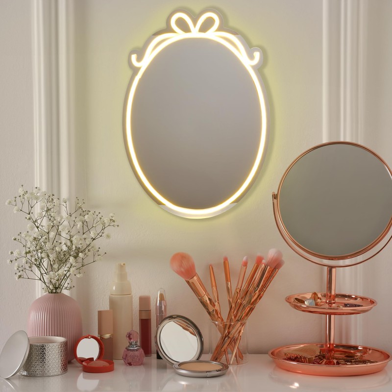 Melannco Oval Shaped Mirror with Bow Design in Neon LED