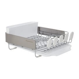 KitchenAid Compact Satin Wire Rust Resistant, Expandable Dish Rack with Angled Self Draining Drainboard with Removable Flatware Caddy, 23.18-Inch, Gray