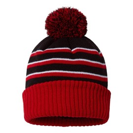 Richardson Stripe Pom Beanie with Cuff One Size Black/Red/White