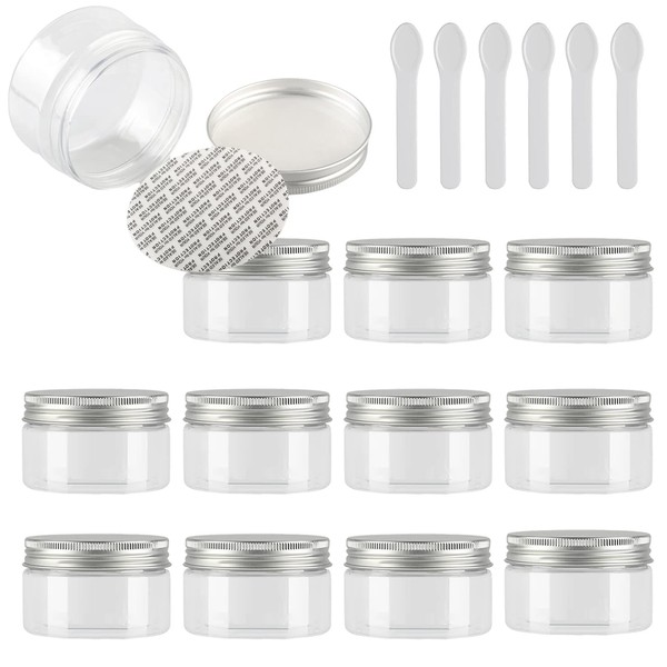 TIANZD Pack of 12 Small Plastic Empty Cream Jar with Silver Lid, Empty Jar, Screw Box, Cosmetic Containers, 6 Spatulas, transparent