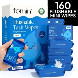 Fomin Mini Flushable Wipes 16 Pack (10 Count) - Fragrance Free Travel Wet Wipes for Women - pH Balanced, Biodegradable Cleansing Wipes - Hypoallergenic, Plant-Based Tush wipes for Adults and Kids