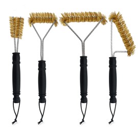 Set of 4 Robust Brass Grill Brush, Brass Brush Grill Handle with Heat Protection, Brass Brush, Small Pizza Oven Brush, Grill Brush, Oven Brush for Grill, Gas Grill, Charcoal Grill, Cast Iron Grill
