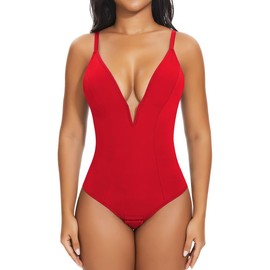 SHAPERIN Women's Deep V Neck Cami Bodysuit Plunge Double Layer Tummy Control Shapewear Thong Body Suits (X-Large,Red)