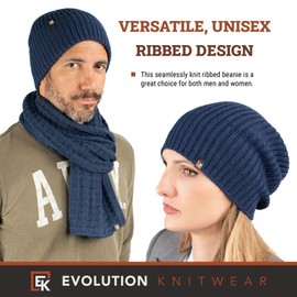 Evolution Knitwear Wool Rib Knit Beanie Hat for Men or Women - Super Soft Merino Wool - Made in The USA - Navy