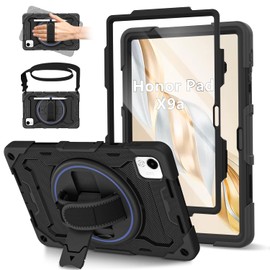 ROSROME for Honor Pad X9a Case 11.5 inch 2025 with HD Screen Protector, Shockproof Heavy Duty Kids Cover with 360°Rotating Stand/Shoulder Strap/Pen Holder for 11.5" Honor X9a Tablet Case, Black