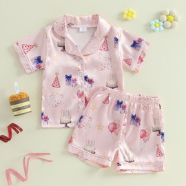 Kavousa Toddler Pajamas Baby Girl Boy Summer Butterfly/Fruit Print Silk Pjs Sleepwear Nightwear Loungewear Pj Set (Birthday Pjs A, 5-6 Years)