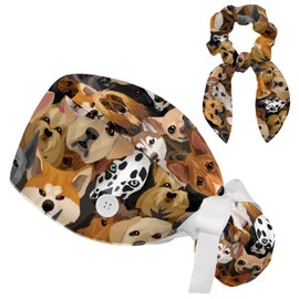 Dog Puppy Face Adjustable Women Scrub Cap with Buttons Bow Hair Scrunchy Sweatband