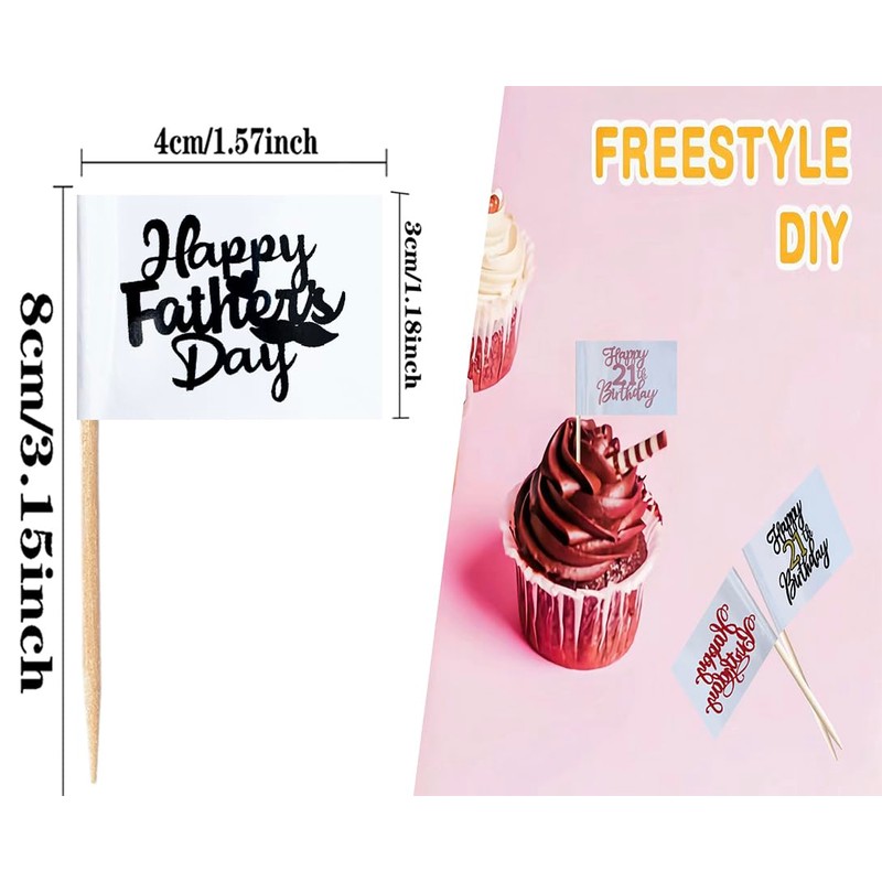 100 Pcs Black Happy Father's Day Cupcake Flags Mini Best