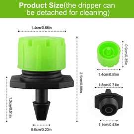 Kalolary 200Pcs Adjustable Irrigation Drippers, 1/4 Inch Barbed Drip Emitter 360 Degree Watering Sprinklers Anti-Clogging Drippers for 4mm/7mm Garden Watering System（Green）
