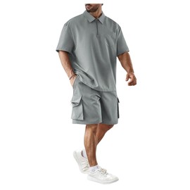 RoseSeek Men's Plus Size Two Piece Collared Neck Half Zipper T Shirts and Drawstring Shorts Clothing Set Light Grey 6X-Large Plus