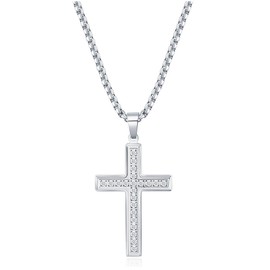 VQYSKO Cross Necklace for Men Women, CZ 14k Gold Plated Stainless Steel Plain Simple Cross Pendant Necklace for Men Box Chain 18-24 Inch, Stainless Steel, stainless steel