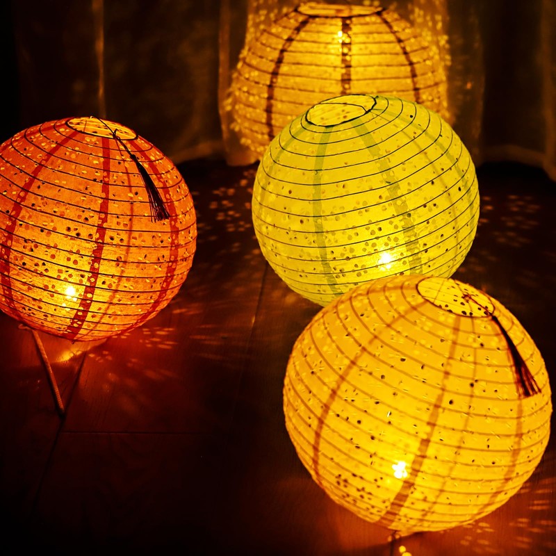 DEWEL Paper Lanterns, Openwork Carving Lanterns, LED Included, Hand Held,
