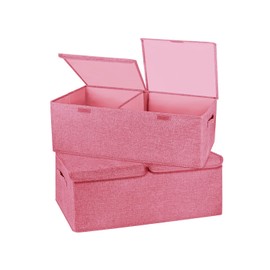 Valease 2 Pack Large Storage Boxes with Lids and Handles, Collapsible Linen Storage Bins Organizer Containers Baskets Cube with Removable Divider for Home Bedroom Closet Office (Pink, Small)