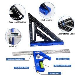 7inch Rafter Square with Carpenter Pencil, 1/8" Precision Heavy Duty Aluminum Woodworking Rule,Laser Etched Scale, Triangle-Ruler Measuring Layout Tool -(Blue, Square Set)