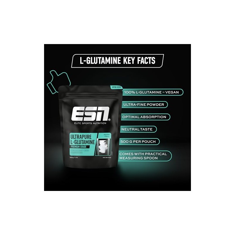 ESN Ultrapure L-Glutamine Premium Grade, Neutral, 500 g, 100 Servings