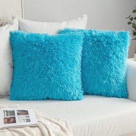 MIULEE Pack of 2 Luxury Faux Fur Throw Pillow Cover Deluxe Decorative Plush Pillow Case Cushion Cover Shell for Sofa Bedroom Car 18 x 18 Inch Little Blue