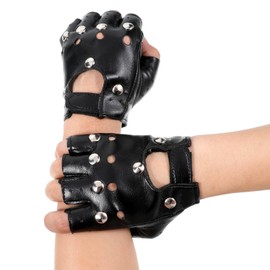 Black Leather Motorcycle Gloves, Gothic Fingerless Gloves Men Women, Fingerless Dancing Mittens Steampunk Retro Punk Biker Glove for Men Women Adults